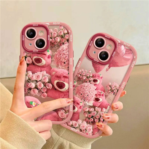 Pink Teddy Bear iPhone Case with Rose Design